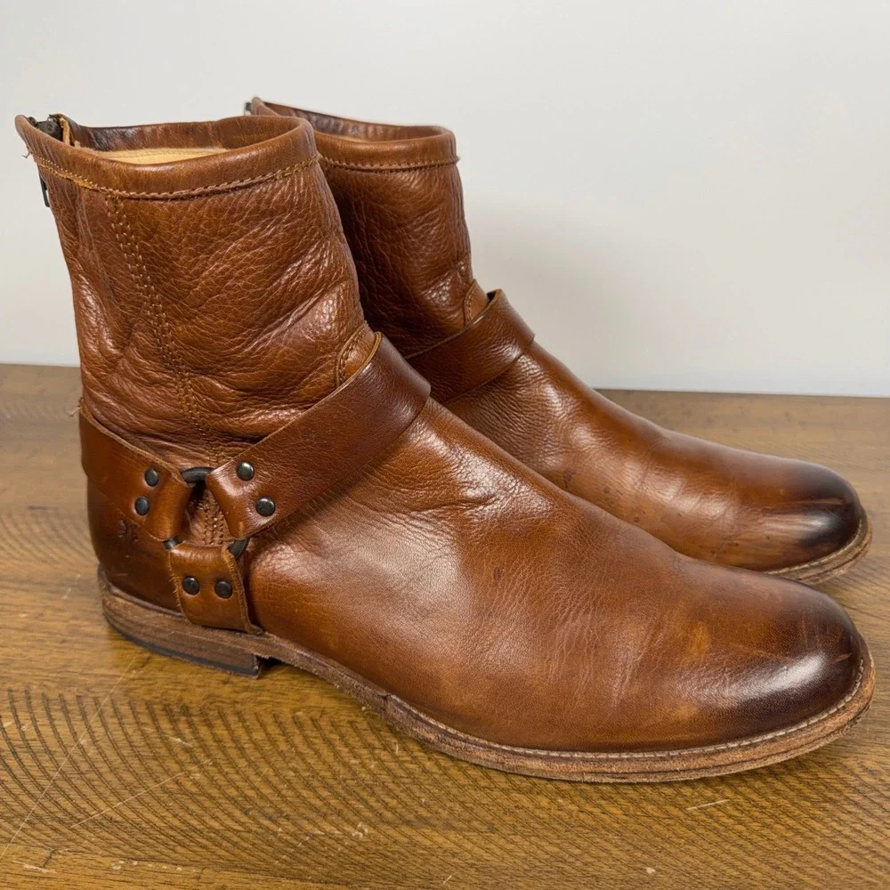 Frye Boots Men 11.5 D Brown Cognac Phillip Harness Zip Leather Biker Moto Cowboy